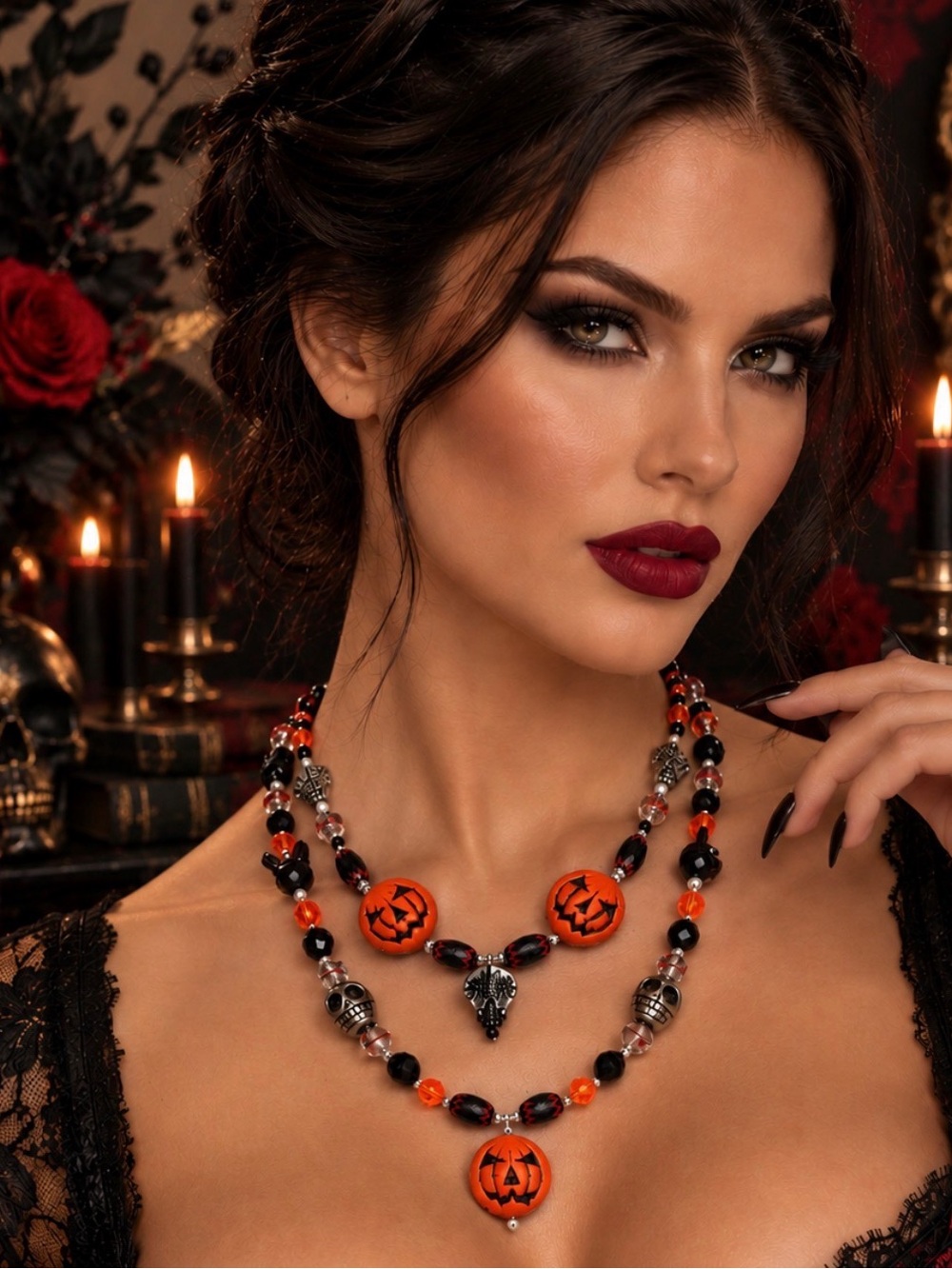 Halloween Artisan necklace featuring skulls, spiders, pumpkins and bats.